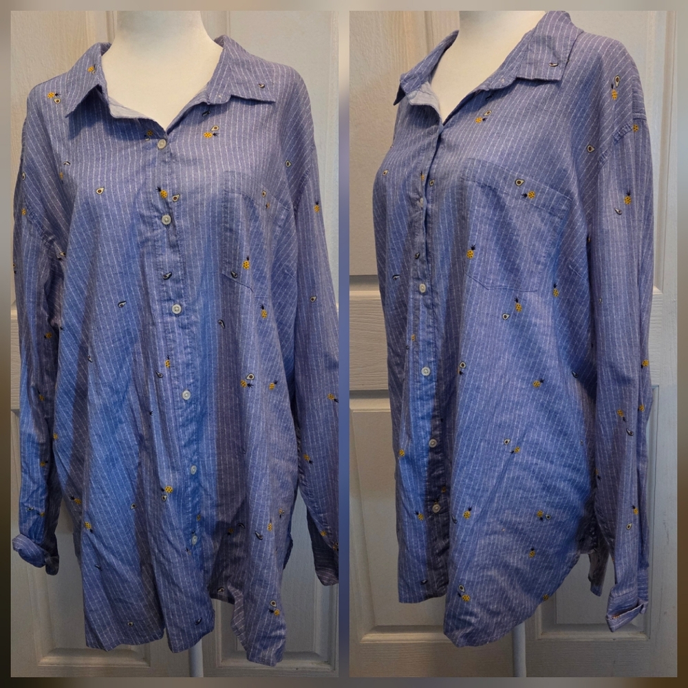 Avocado Pineapple Top Blouse Blue Pin Striped 2X XXL Funny Fruit Tropical Shirt
